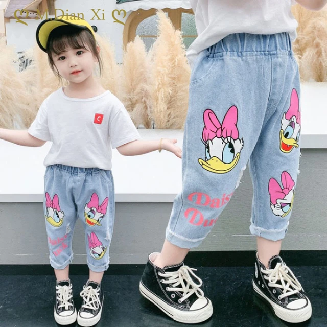 Toddler Kids Girls Half Sleeve Off Shoulder T-Shirt Tops Ripped Denim Hole  Jeans Long Pants Outfits (Pink, 2-3 Years)