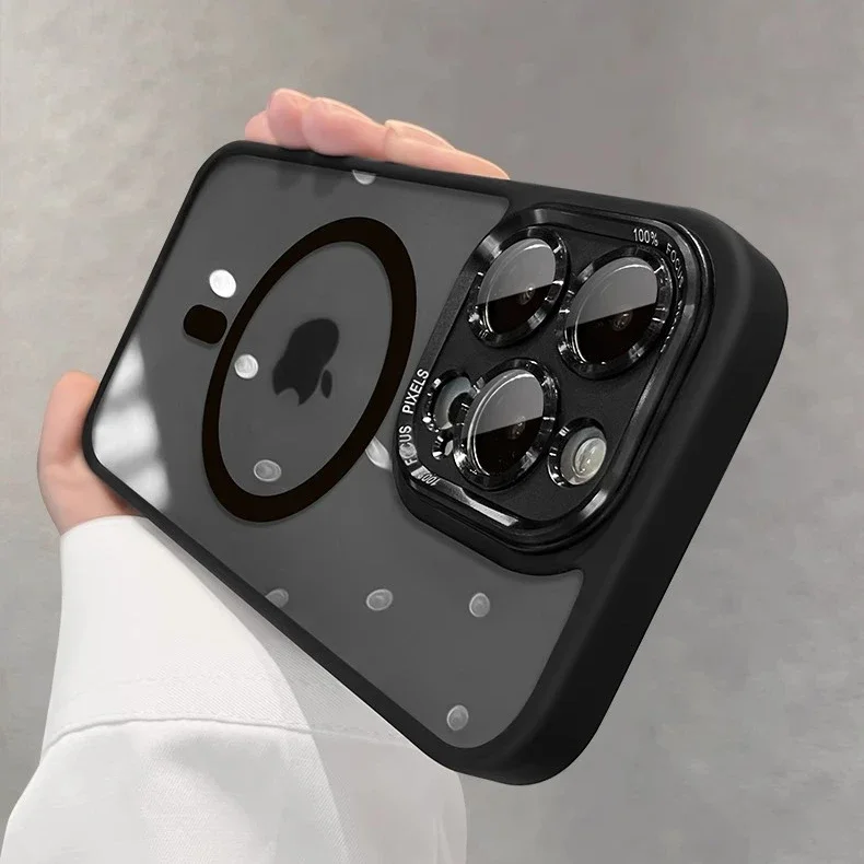 Luxury Magnetic Metal Lens Bumper Protection Case with Magsafe Acrylic Translucent Cover