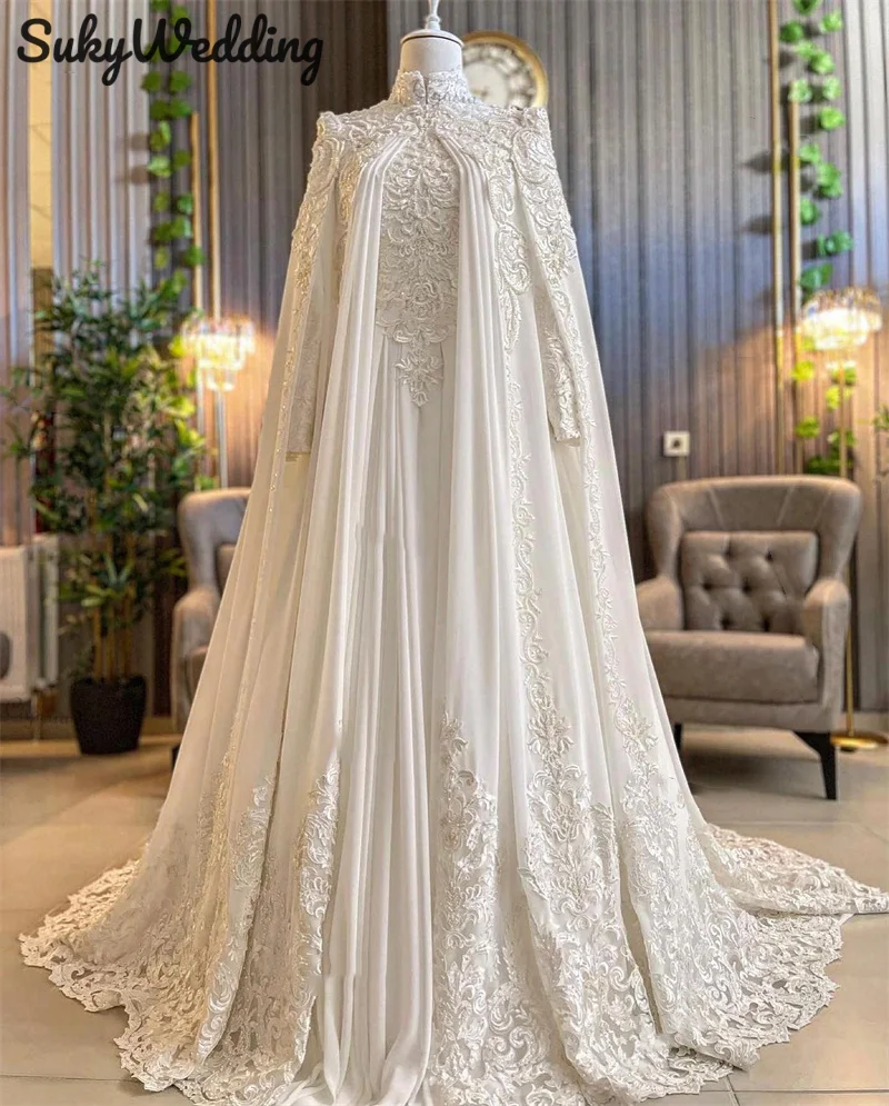 Chiffon Muslim Wedding Dresses with Cape Lace Appliques High Neck Arabic Dubai Long Sleeves Bridal Gowns Robe De Mariage