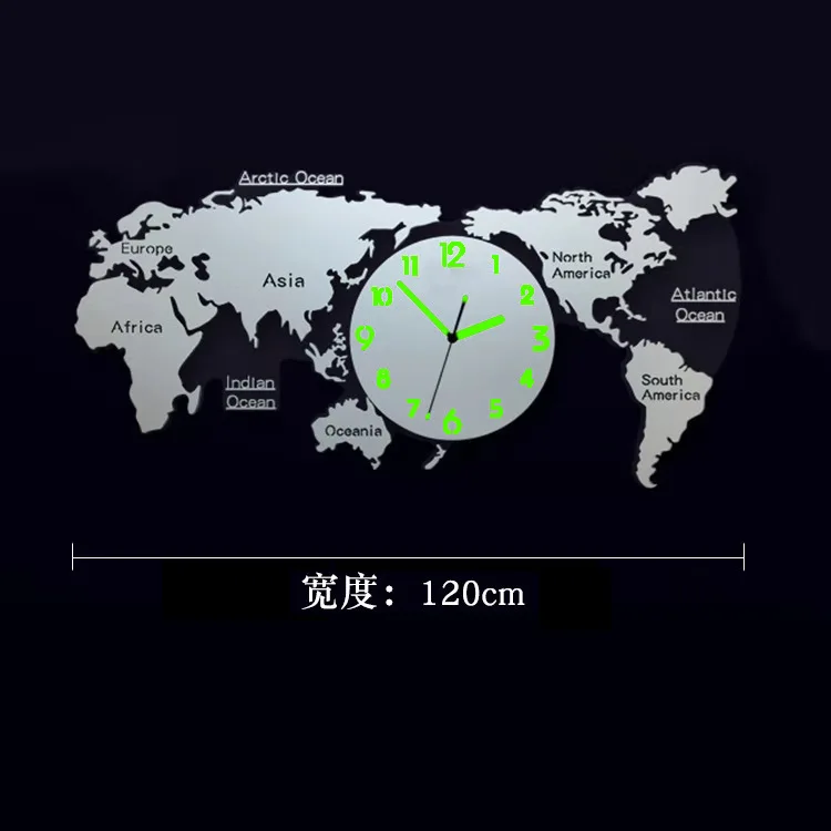 World Map Large Wall Clock Acrylic 3d Wall Clocks Color:120X55CM Luminous;Sheet Size:Other