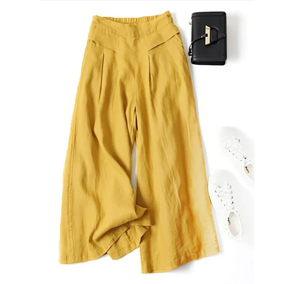 Summer Pants for Women Cotton Linen Large Size Wide Leg Pants Femme Arts Style Elastic Waist Solid Casual Loose Pantalon 6