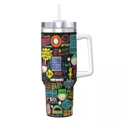 Stainless Steel Tumbler with South Park Quotes - Portable Hot & Cold Beverage Mug with Straw - 1000 - 1500ml (WHITE)