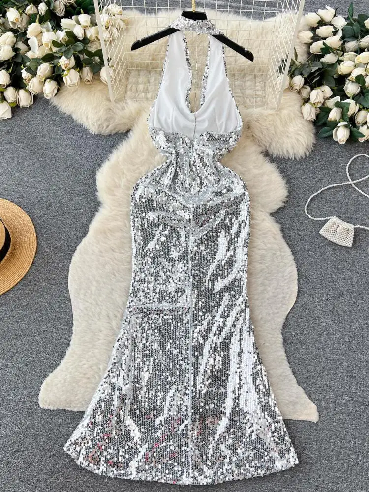 Summer 2023 Retro Elegant Silver Sequins Backless Birthday Party