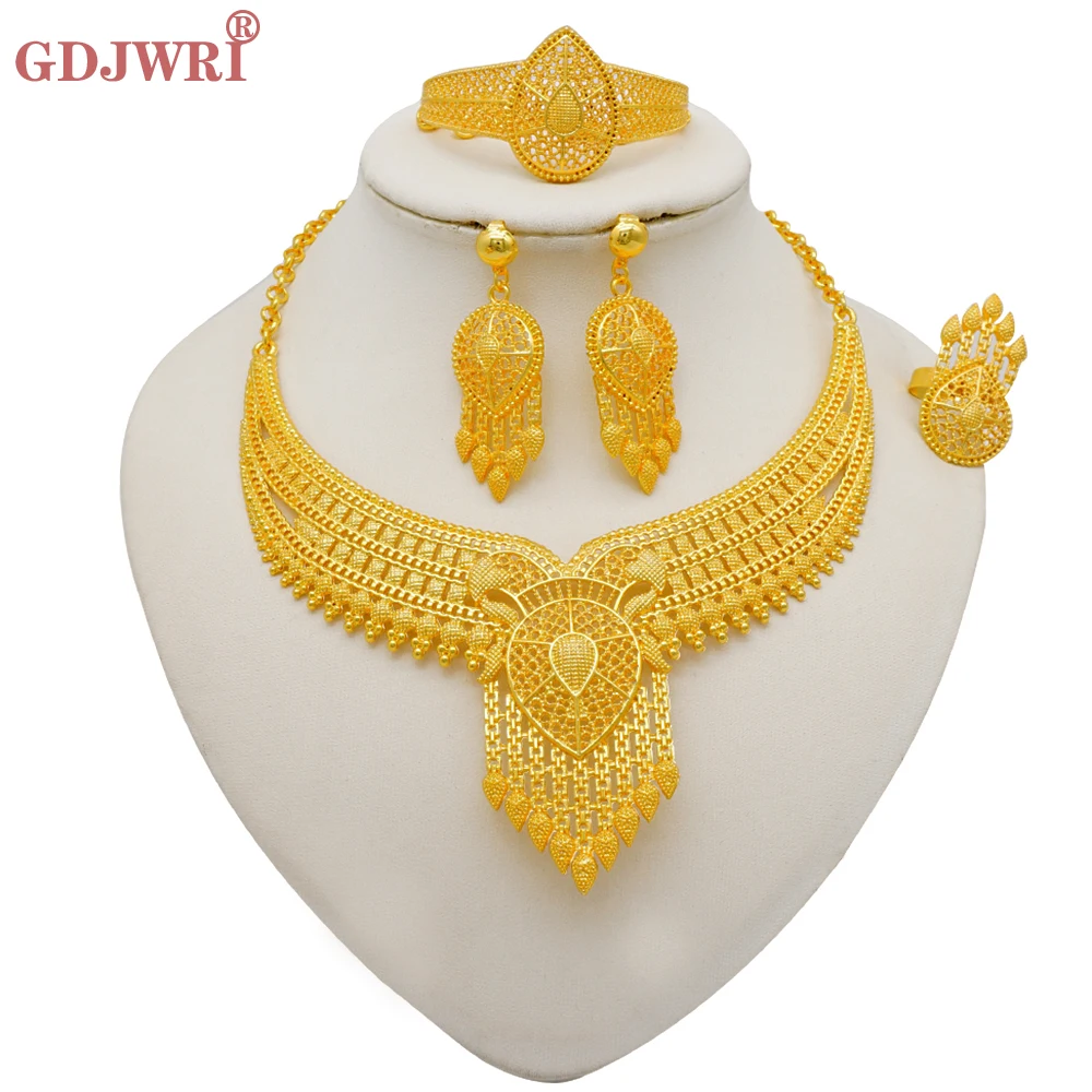 Dubai Gold Color Jewelry Set For Women Indian Earring & Necklace Nigeria Moroccan Bridal Accessorie Wedding Bracelet Party