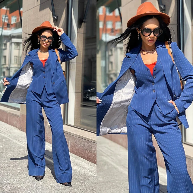 Classic Stripe Women Suits Office Set Elegant 3 Pieces (Vest+Pants+Blazer)  Single Breasted Formal Party Prom Dress Custom Made - AliExpress