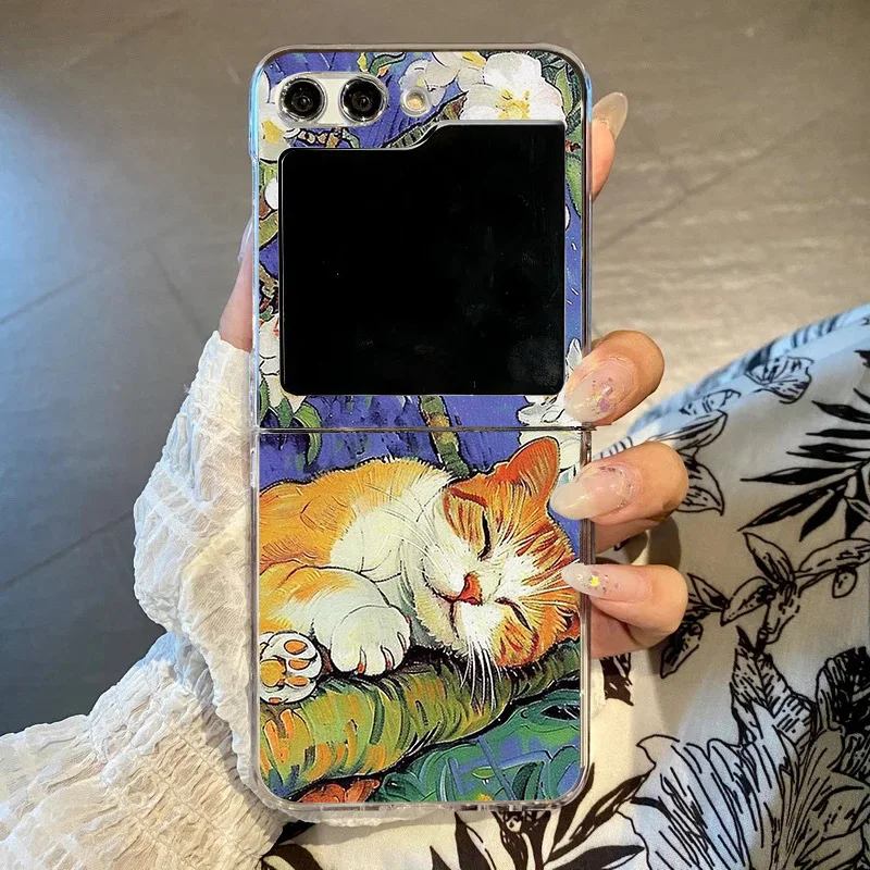 Sunflower Cat Oil Painting Clear Hard Folding Phone Case