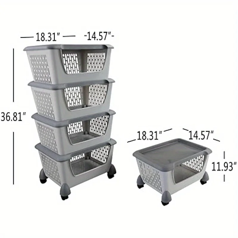 Ggbin 4-Tier Storage Basket Cart with Rolling Wheels Plastic Stacking Basket Bin 3