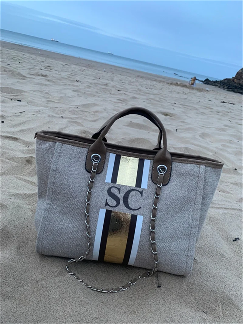 Personalized Monogram Tote Bag Canvas Customised Beige Brown White Gold Chain Handbag Personalised Stripe Initials Gifts For her