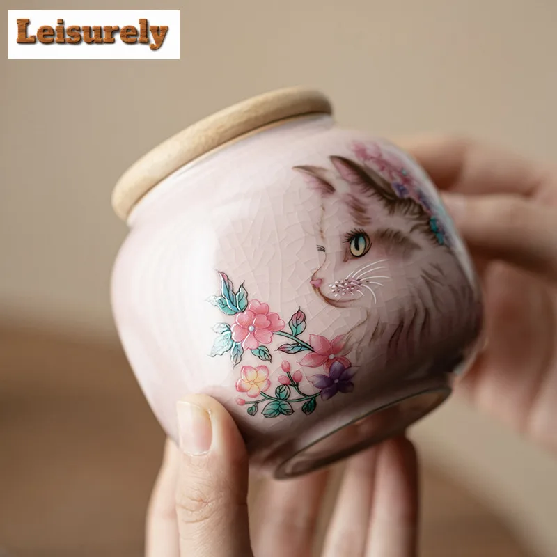 Pink Ru Kiln Flower Cat Tea Box Organizer Moisture-proof Vintage Storage Tank Containers Tea Caddy Cafes Accessories Decoration