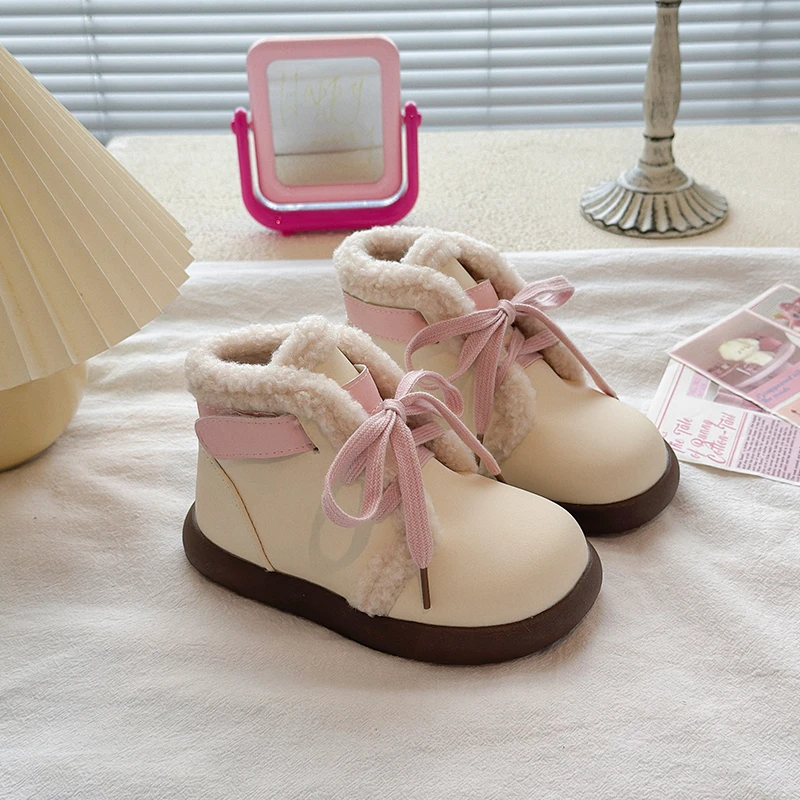 Kids Princess Ankle Boots Sweet for Girls Leather Boots Versatile Soft 2025 Winter New Children Short Boots Fashion Non-slip