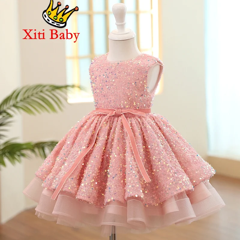 

Pink Glitter Illusion Lush Girl Party Dresses Elegant Fluffy Girl Princess Dress Shiny luxurious Birthday Wedding Dress Girl