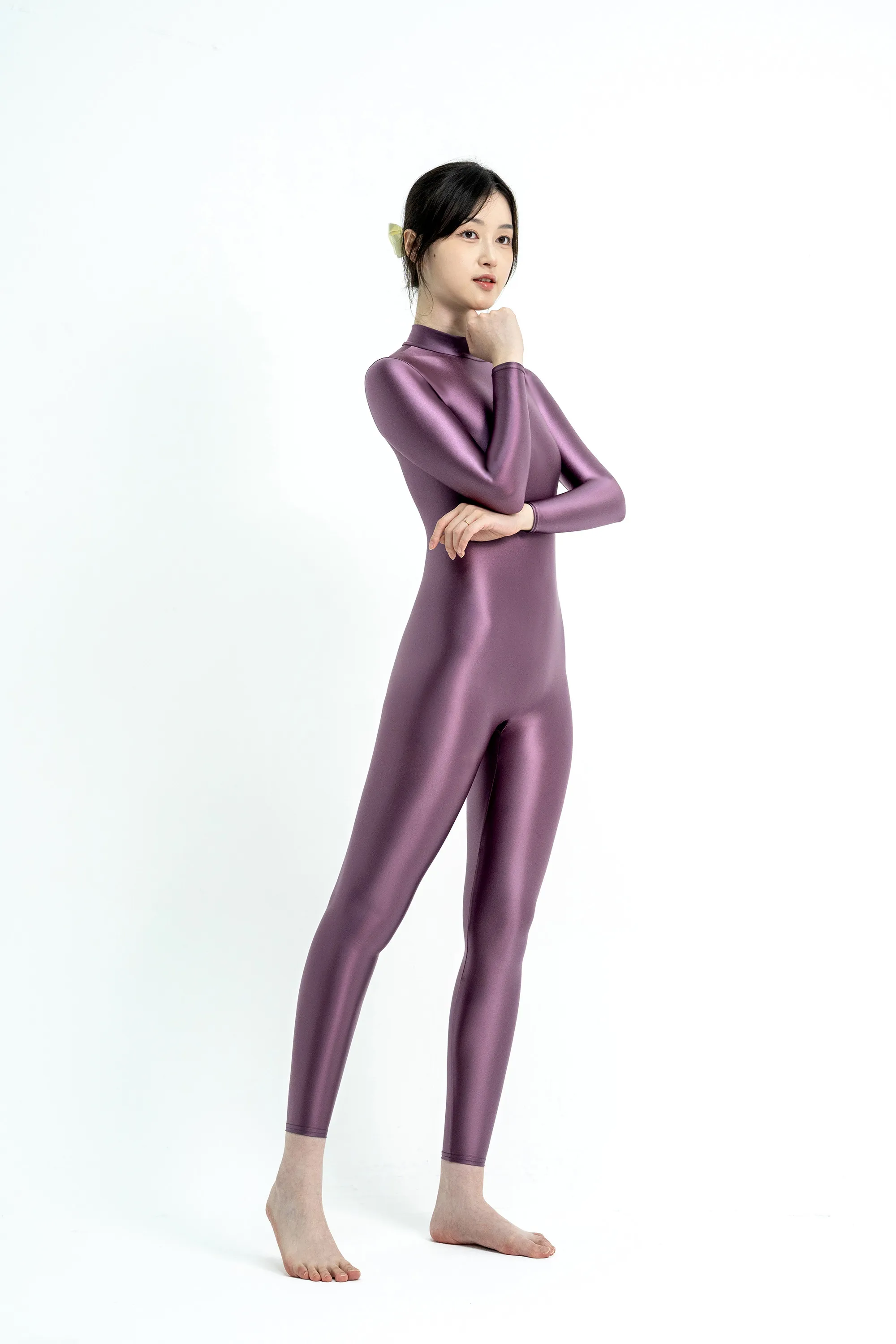 XcloCKNYoung Satin-Glanz-Bodysuit mit Ölglanz, hohem Hals und Reißverschluss, langärmlig, eng anliegende Hose, Seiden-Trikot, glänzender Badeanzug, Neoprenanzug – Detail 5