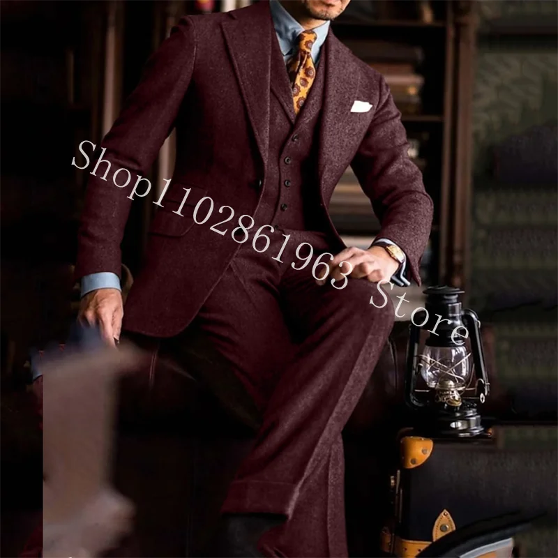 Grey Tweed Suits for Men Slim Fit Suits Formal Herringbone Groom Vintage Wedding Tuxedos Coat+Vest+Pants Trajes De Hombre