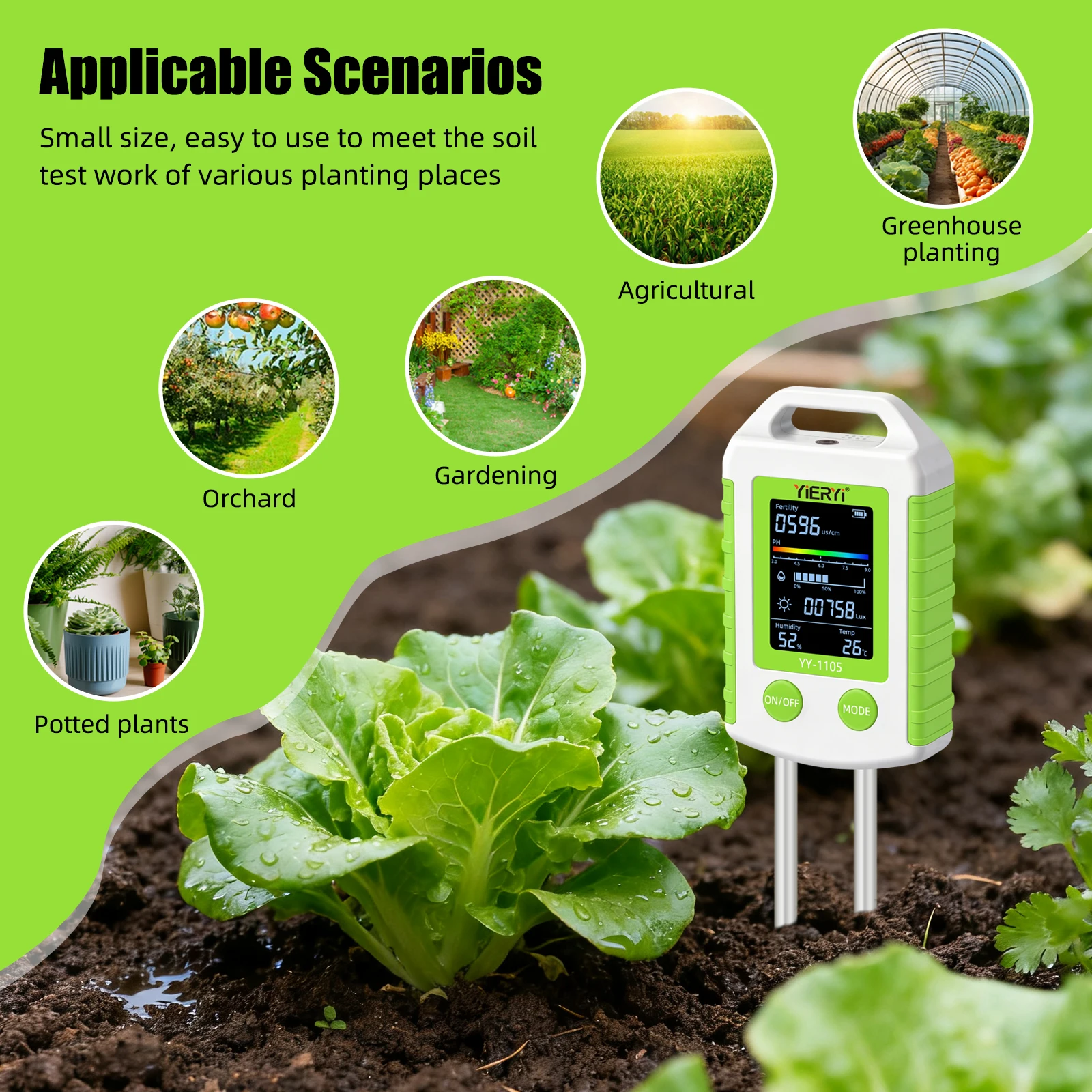 6-in-1 Soil PH Meter Fertility Temperature Humidity Light Tester 90° Rotatable L