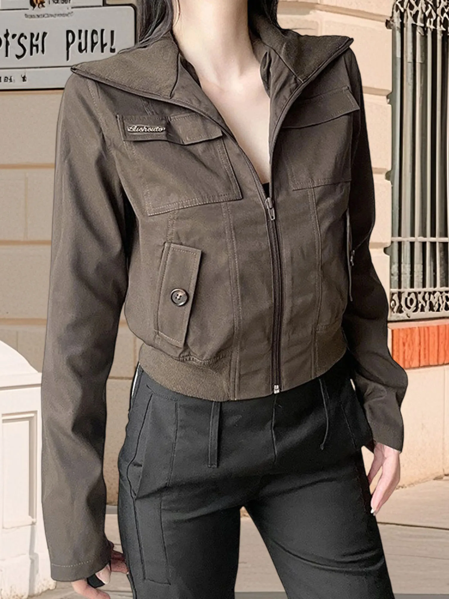 Women s Military Style Utility Jacket with Multiple Pockets and Drawstring Waist Casual Long Sleeve Zip Up Coat