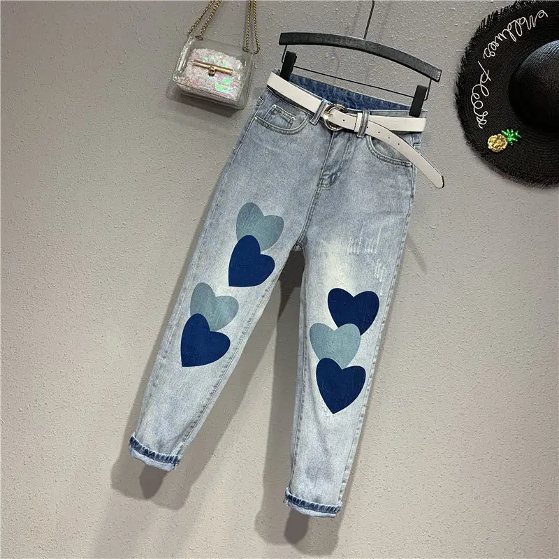 Overalls Women's Spring New Jeans Printed High Waist Harem Pants Daddy Pants Loose Jeans Jeans Women spring denim harem pants women high waist loose thin elastic daddy pants overalls 2022 new female radish pants nine point pants