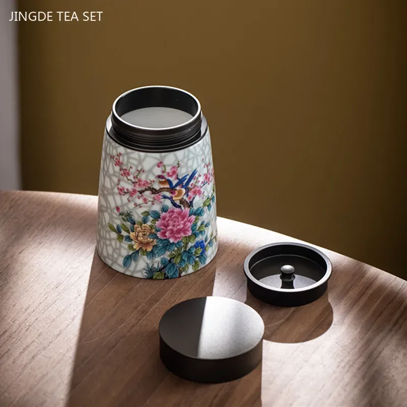 250ml Exquisite Ceramic Tea Tin Aluminum Lid Sealed Jar Enamel Color Tea Box Travel Portable Moisture-proof Coffee Container