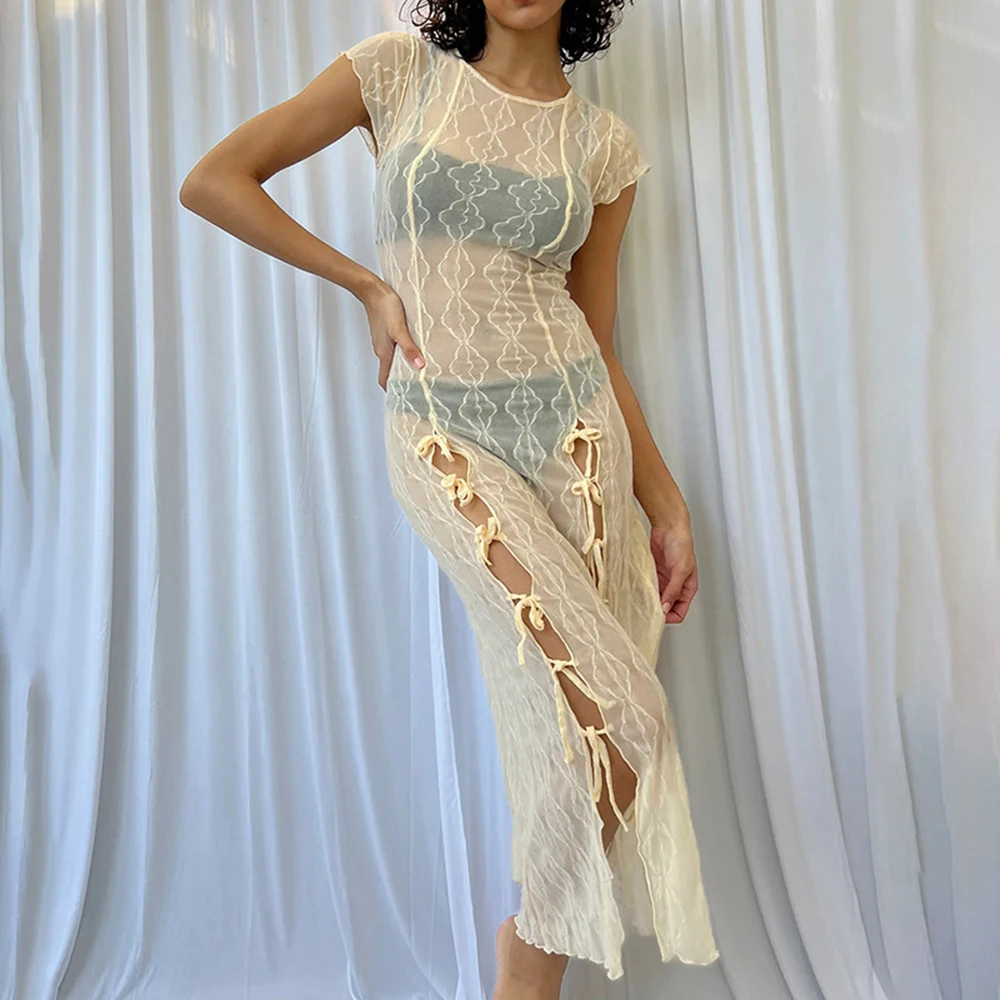 

Sexy See Through Mesh Dress For Womans Vacation Short Sleeve Lace Up Slit Long Hollow Out Vestidos Robes Bodycon Female Y2k