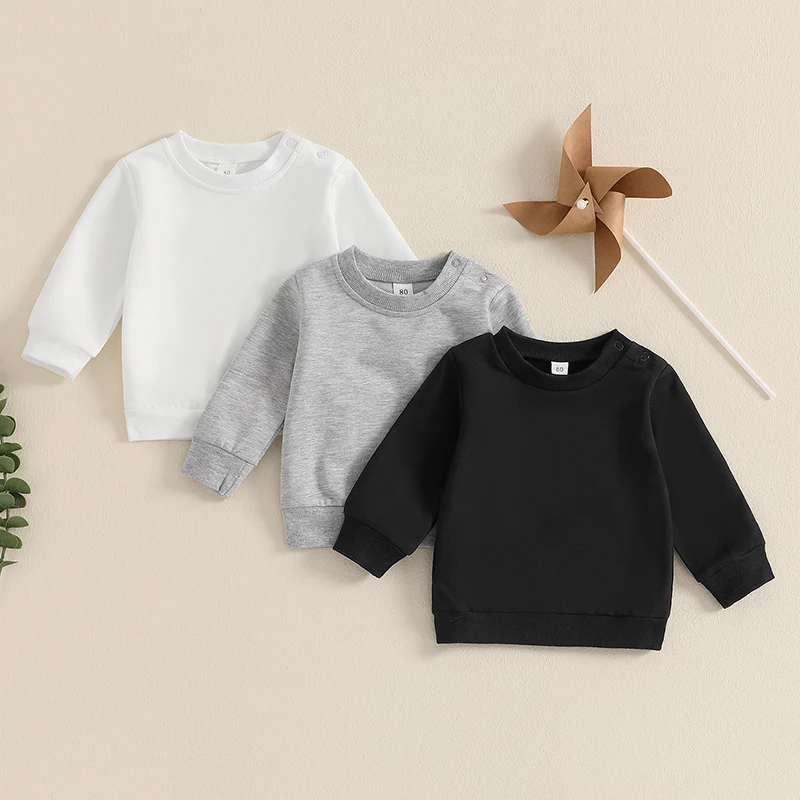 3 Pcs Baby Toddler Boy Sweatshirts Solid Color Crew Neck Long Sleeve Pullover Tops Fall Clothes