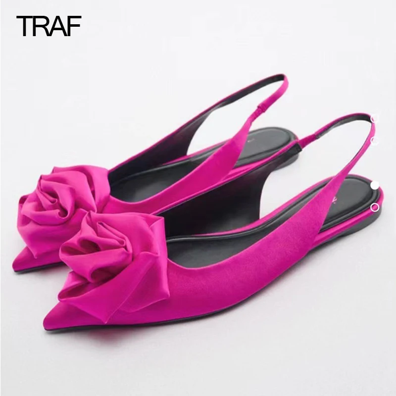 TRAF Women Flower Slingback Flats Red Black Luxury Brand Woman Flat-heeled Shoes office Flats Summer 2022 Casual Ladies Low heel