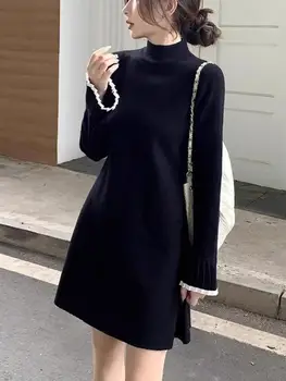 plus Size Autumn Winter Hepburn Style Half High Collar Black Inner Knitted Dress a Line Dress Sweater Dress Casual High ...