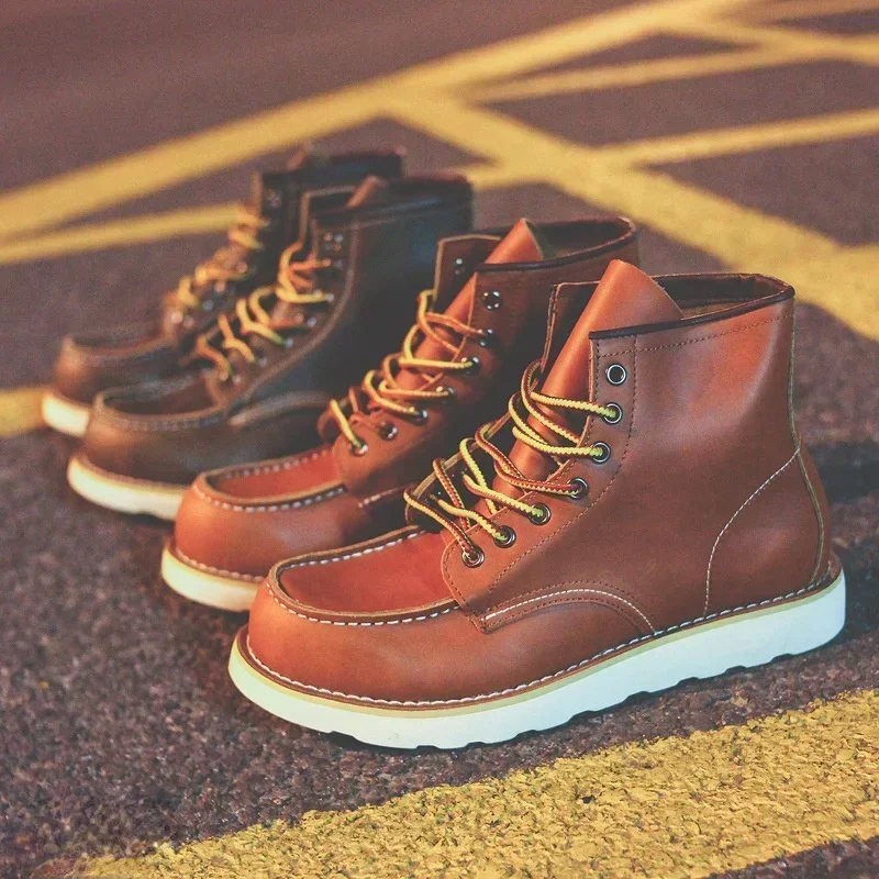 Men's Boots American Retro Tooling Boots Casual Crazy Horse Leather Vintage Man Lace Up Ankle