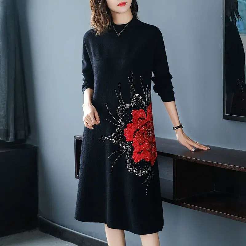 New Fashion Long Pullover Sweater Dress Women ONeck Loose Sleeve print Diamonds Knitted