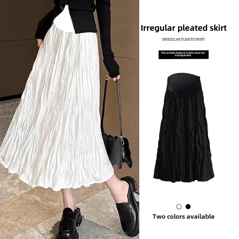 Korean Style Spring Maternity Belly Skirt Fashion High Waist Pregnant Woman Pleated Skirts Pregnancy Midi Skirts Black White