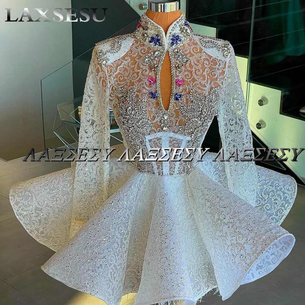 Laxsesu Mini Party Cocktail Gowns Long Sleeves Feathers Lace Sequins Crystals Sparkly Ball Gown Luxury Short Prom Dresses evening dresses,cocktail dress