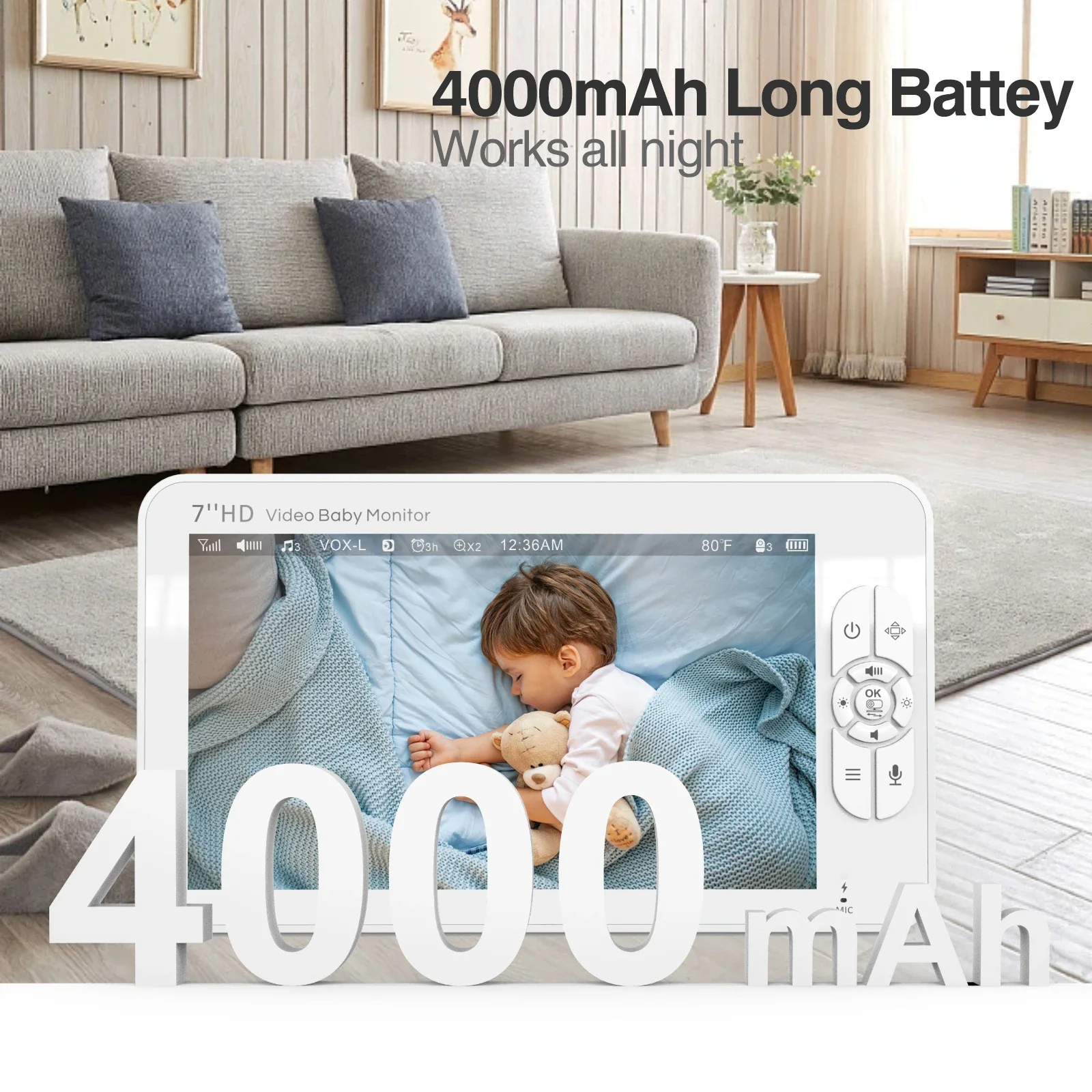 Babystar 7" HD Split Screen Video Baby Monitor No WiFi, Baby Camera Monitor, Hack Proof, Remote Zoom/Pan/Tilt, 4000mAh Battery - Image 2