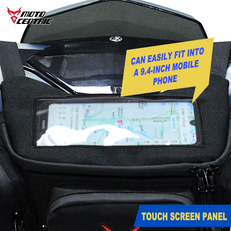 블랙 오토바이 전면 핸들 바 가방, 대용량 모토크로스 허리 가방, 반사 오토바이 내비게이션 가방, 방수 터치 스크린