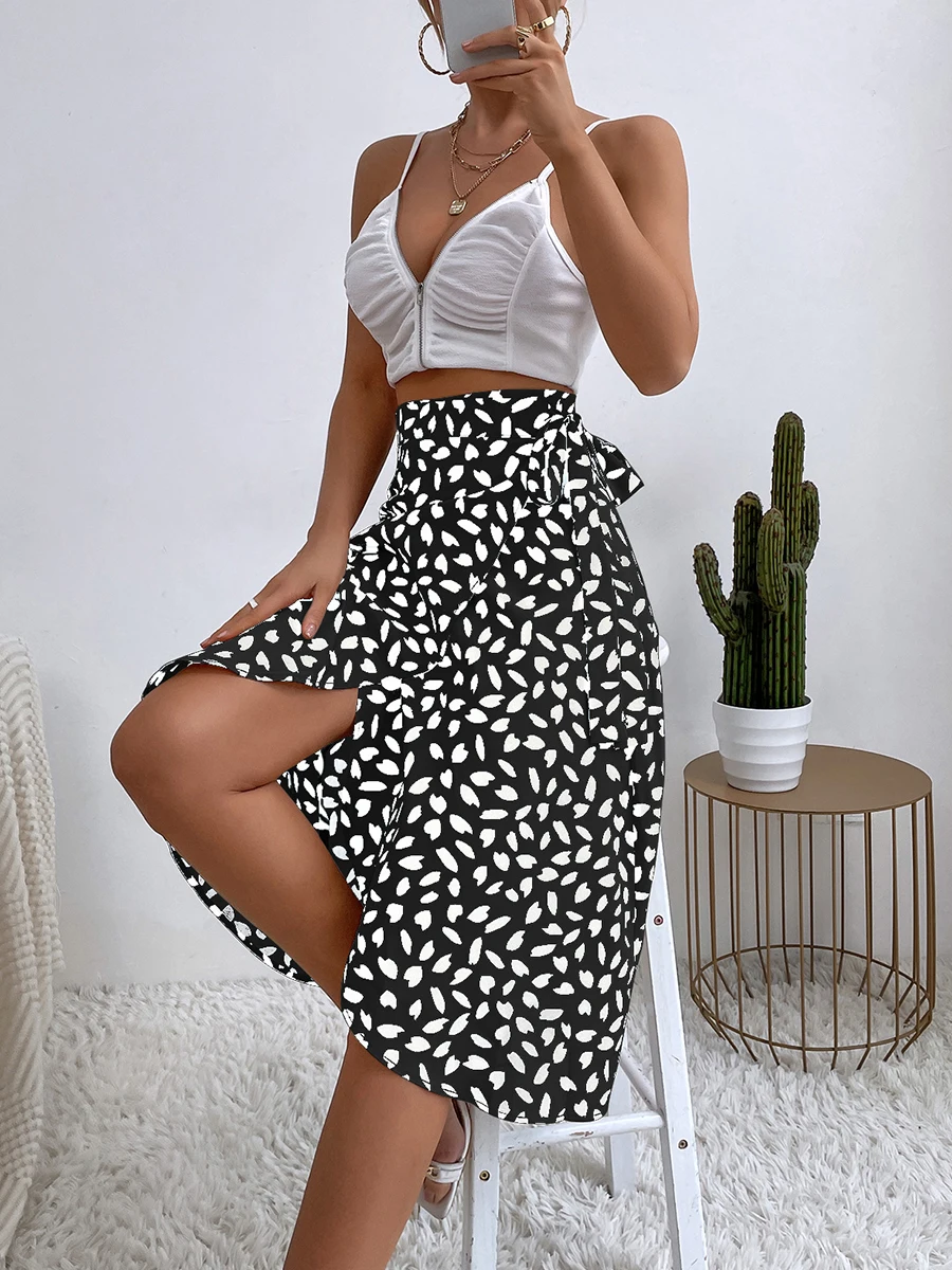 

Women s Summer Mid Length Skirt Print High Waist Ruffle Hem Irregular Loose Tie Skirt Below Knee Slit Bottoms