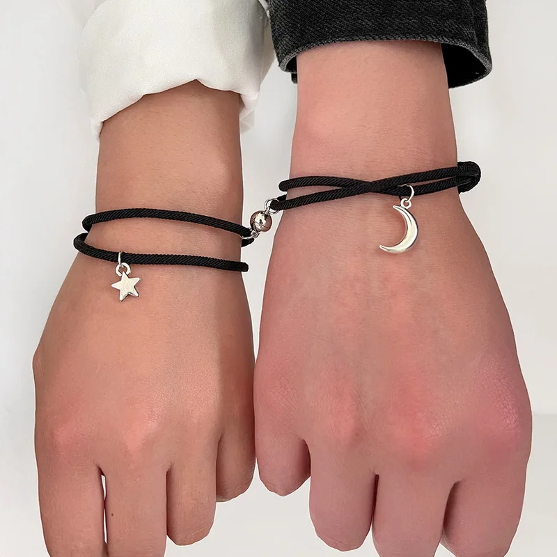 Chain Bracelet 2Pcs Fashion Star Moon Magnetic Pendant Couple Handmade Rope for Women Friendship Minimalist Jewelry