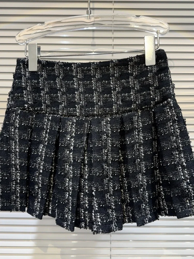 High Waist Slim Fit Women's Fashion Short Black Pleated Skirt 2023 Autumn Winter Sweet New Woven Tweed Pleated Kawaii Skirts imakokoni s original woven polka shorts loose five point knitted pants elastic waist versatile women s casual pants 234051