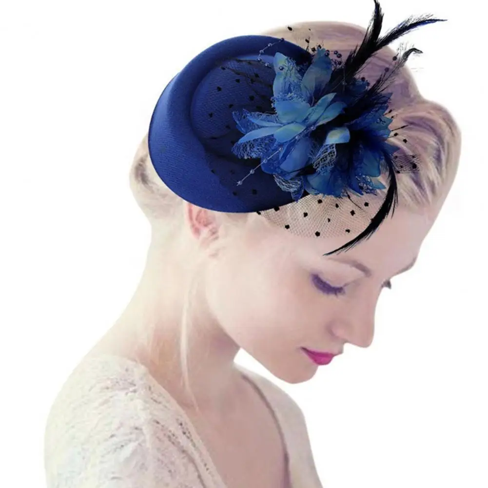 Hot New 1 Pc Girls Fascinator Hats Headband Women's Feather Flower Brides Hair Accessories Wedding 7 Colors Lady Gauze Hat 2