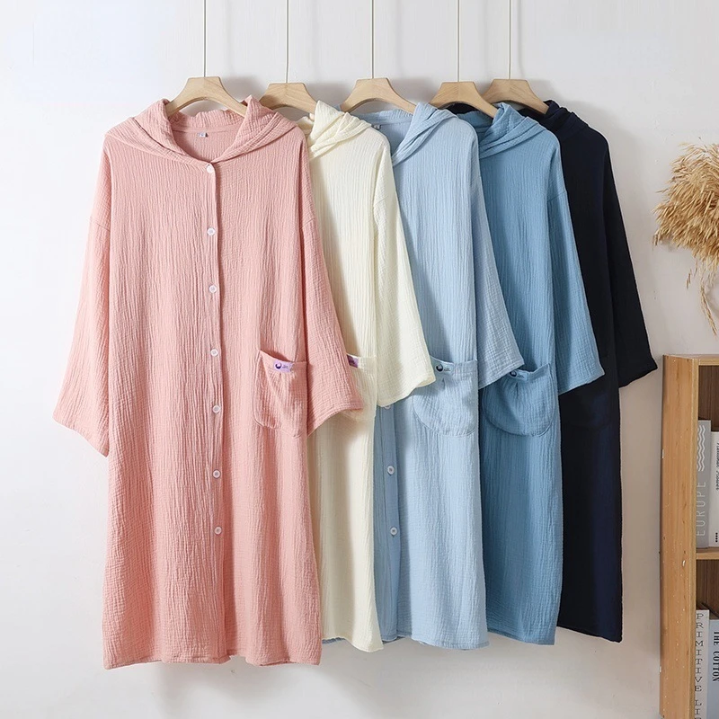 Cotton Double Layered Loose Cardigan Button Up Hooded Long Sleeved Bathrobe Nightgown with Pocket Couples Home Pajamas Clothes