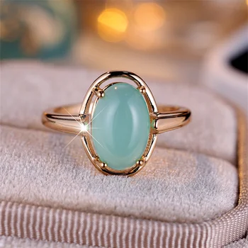 Female Vintage Egg Shaped Oval Stone Rings For Women Antique Gold Color Pink Green Synthetic Moonstone Wedding Bands Jewelry