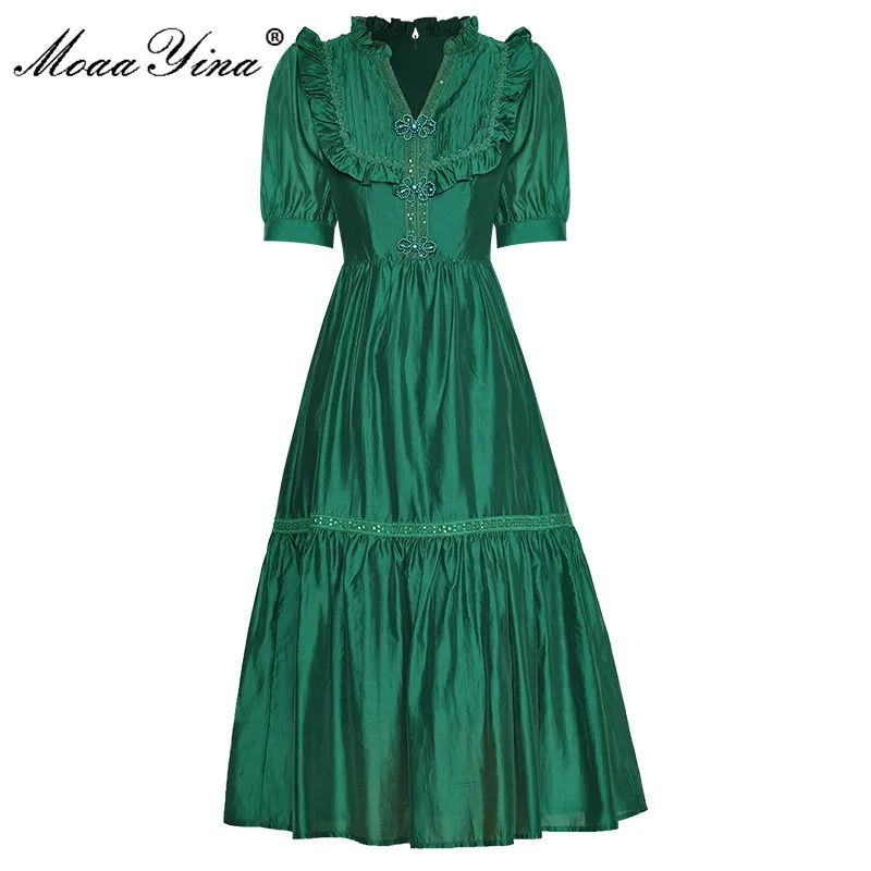 

MoaaYina Fashion dress Designer Summer Women's Dress V-Neck Ruffled Short Sleeves Beading Elegance Swing Dresses