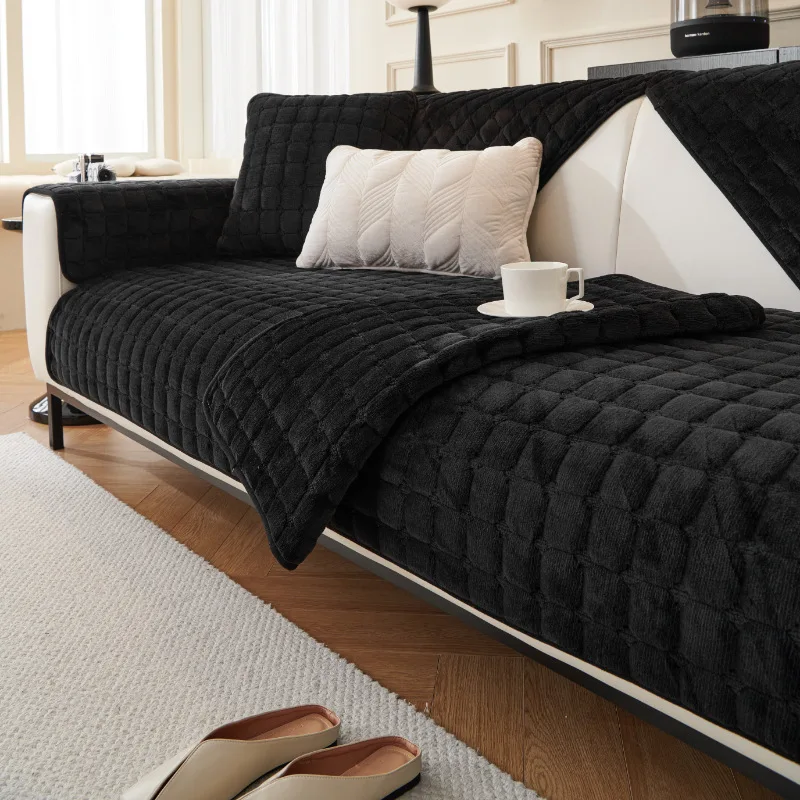 Thickened Flannel Sofa Cushion Simple Plaid Velvet Plush Non-Slip Cushion Leather Dustproof Living Room Sofa Cover Armrest Towel