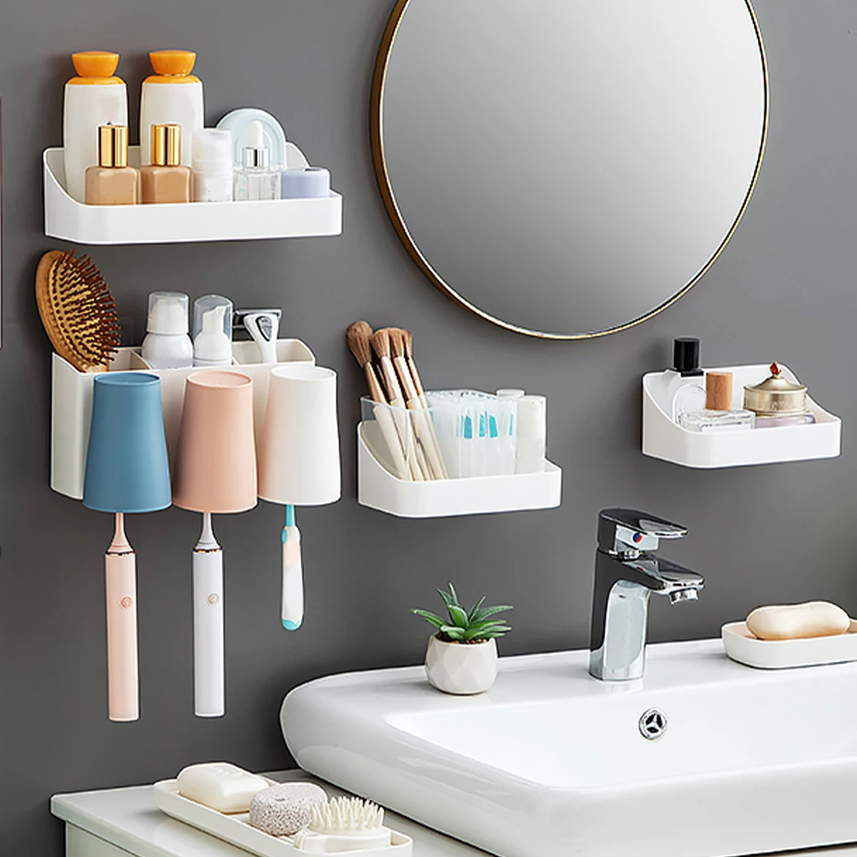 WORTHBUY Wall Mounted Mirror Cabinet Storage Box No Drilling Bathroom Shelf Multifunctional Plastic Cosmetic Organizer Box 2