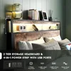 Queen Size Bed Frame with 4 Storage Drawers, Charging Station and LED Lights,2 Tier Headboard Storage, Noise Free, Bed Frame 3