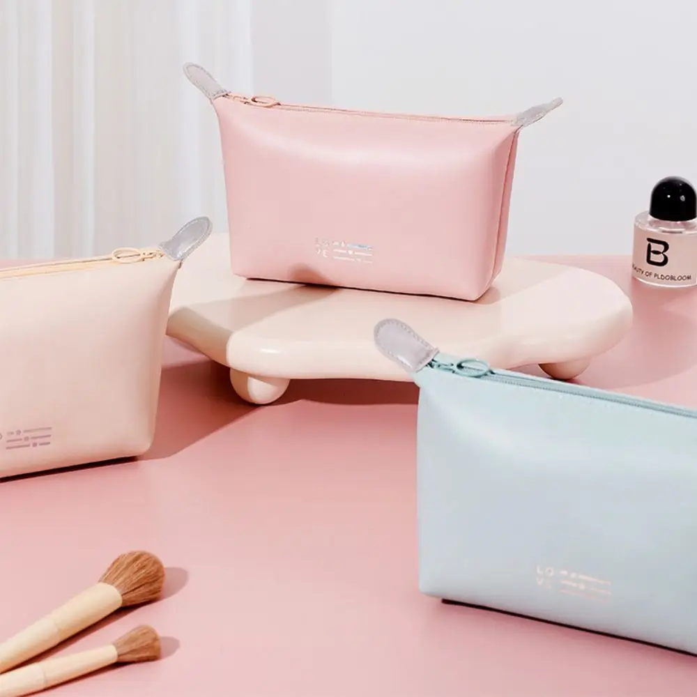 

Portable Cream Color Zipper Wash Pouch Makeup Bags Korean Storage Bags Women Toiletry Bag Travel Organizer PU Cosmetic Bag