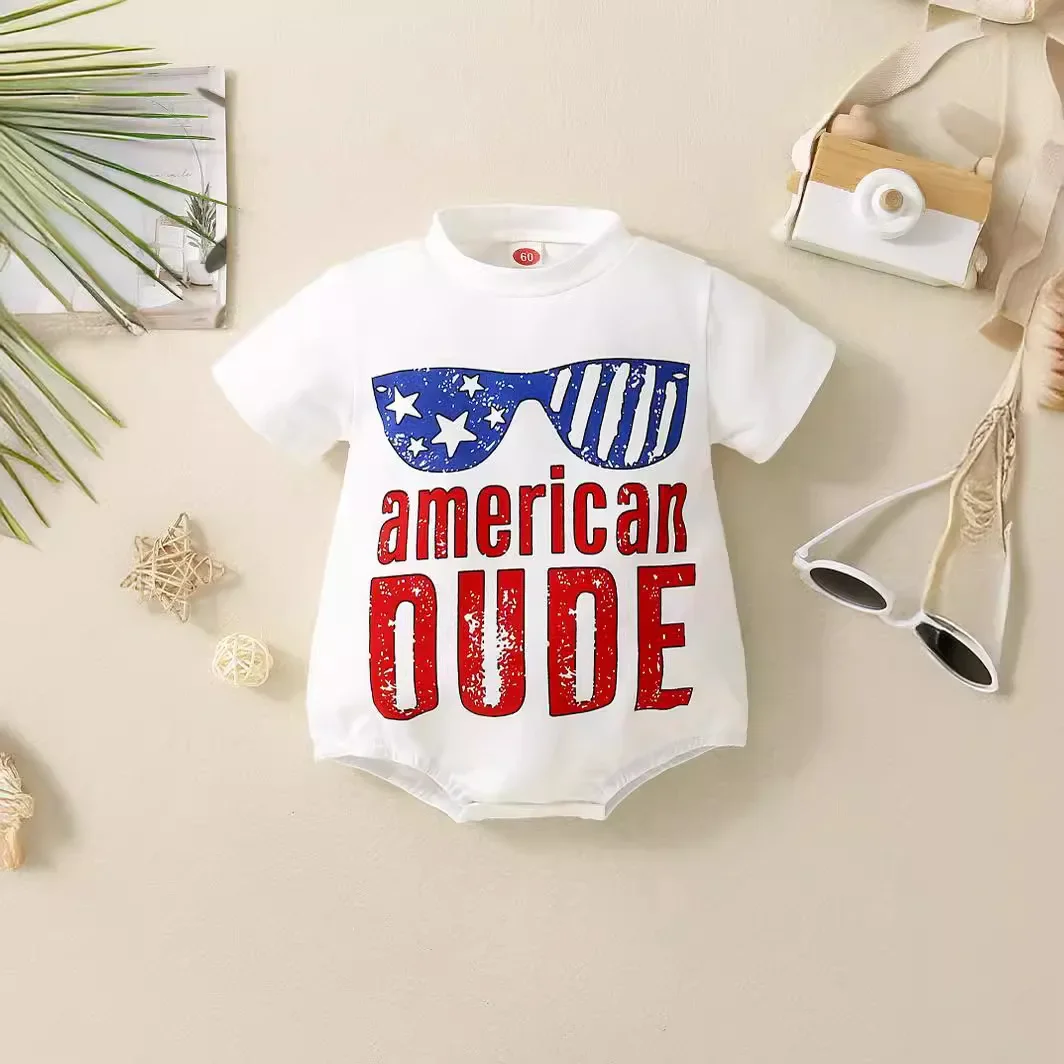New Cotton Stretch Independence Day American Dude Printed Short Sleeve Baby Boy Romper Footed Crawling Suit for Infants And Todd