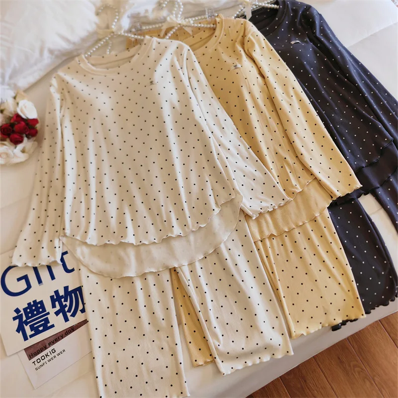 Herbst Winter Dot Pyjamas Für Frauen Brust Pad Langarm Hause Kleidung Casual Modale Baumwolle Nachtwäsche Set Neue Pijama De Mujer – Detail 2