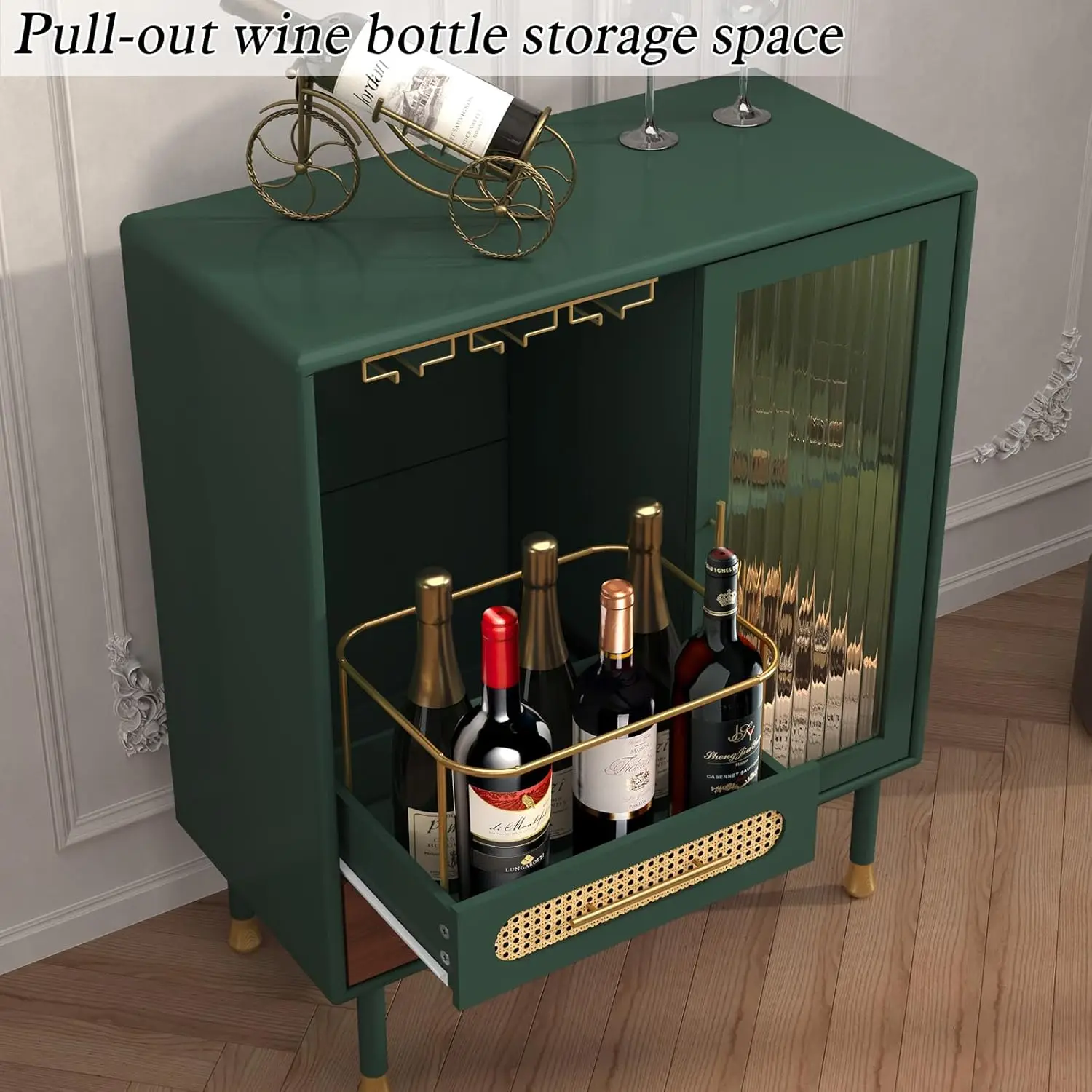 Modern Coffee Bar Cabinet with Wine Glass Rack and Drawers, Green Liquor Cabinet with Pull-Out Wine Storage