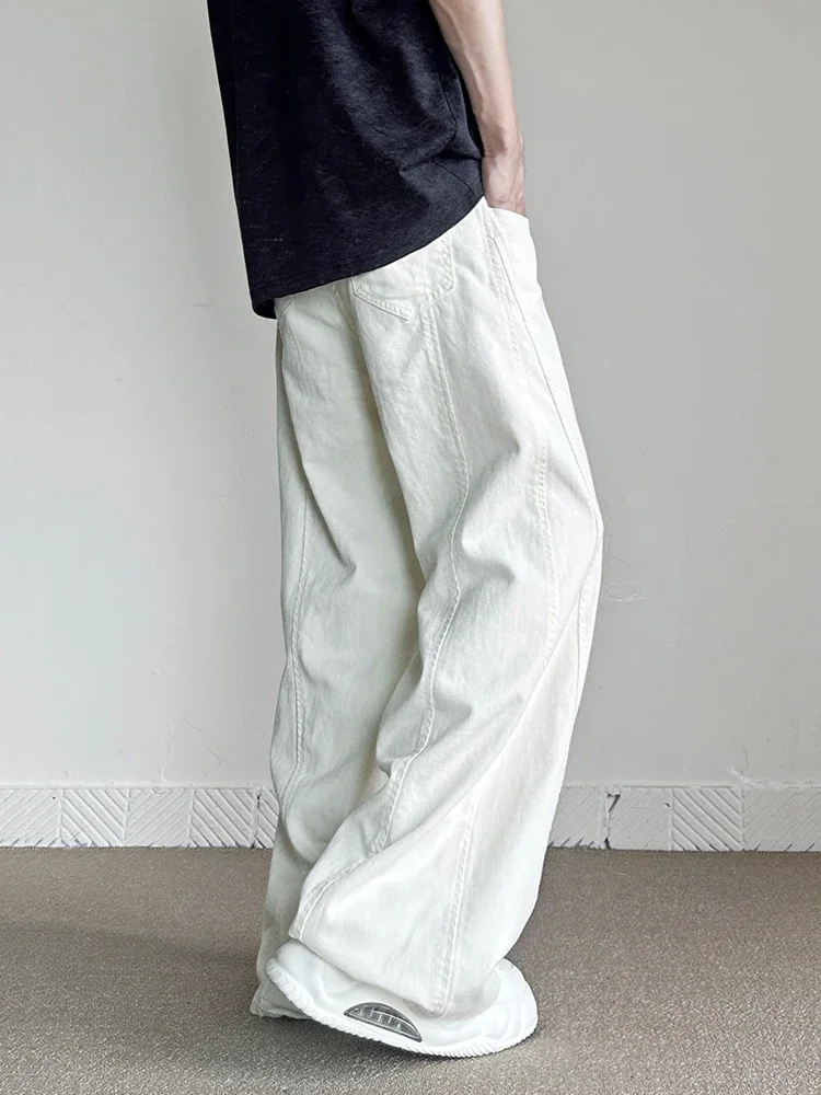 New Men's Cotton White Non-stretch Straight Baggy Jeans Streetwear Fashion Casual Denim Pants Hip Hop Trendy Male Trousers
