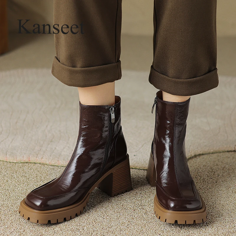 

Kanseet Women Platform Shoes Ankle Boots Autumn Winter Fashion Square Toe Pleated Genuine Leather High Heels Short Boots Brown