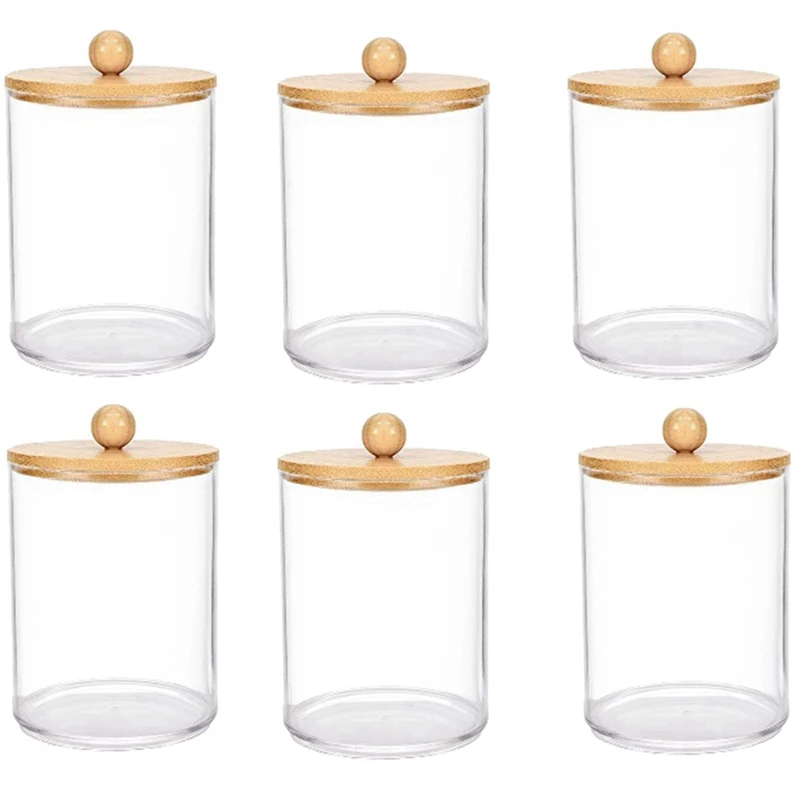 

6 Pack Transparent Storage Box Medicine Bottles With Bamboo Lids, For Cotton Swab Pad Dispenser, Bathroom Jar Organizer