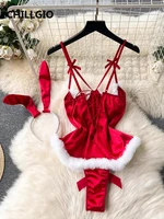 CHILLGIO Women Sexy Christmas One Piece Bodysuits Satin Tight Onesie Hot Bunny Catsuits Fashion Fur Combination Strappy Rompers - Image 2