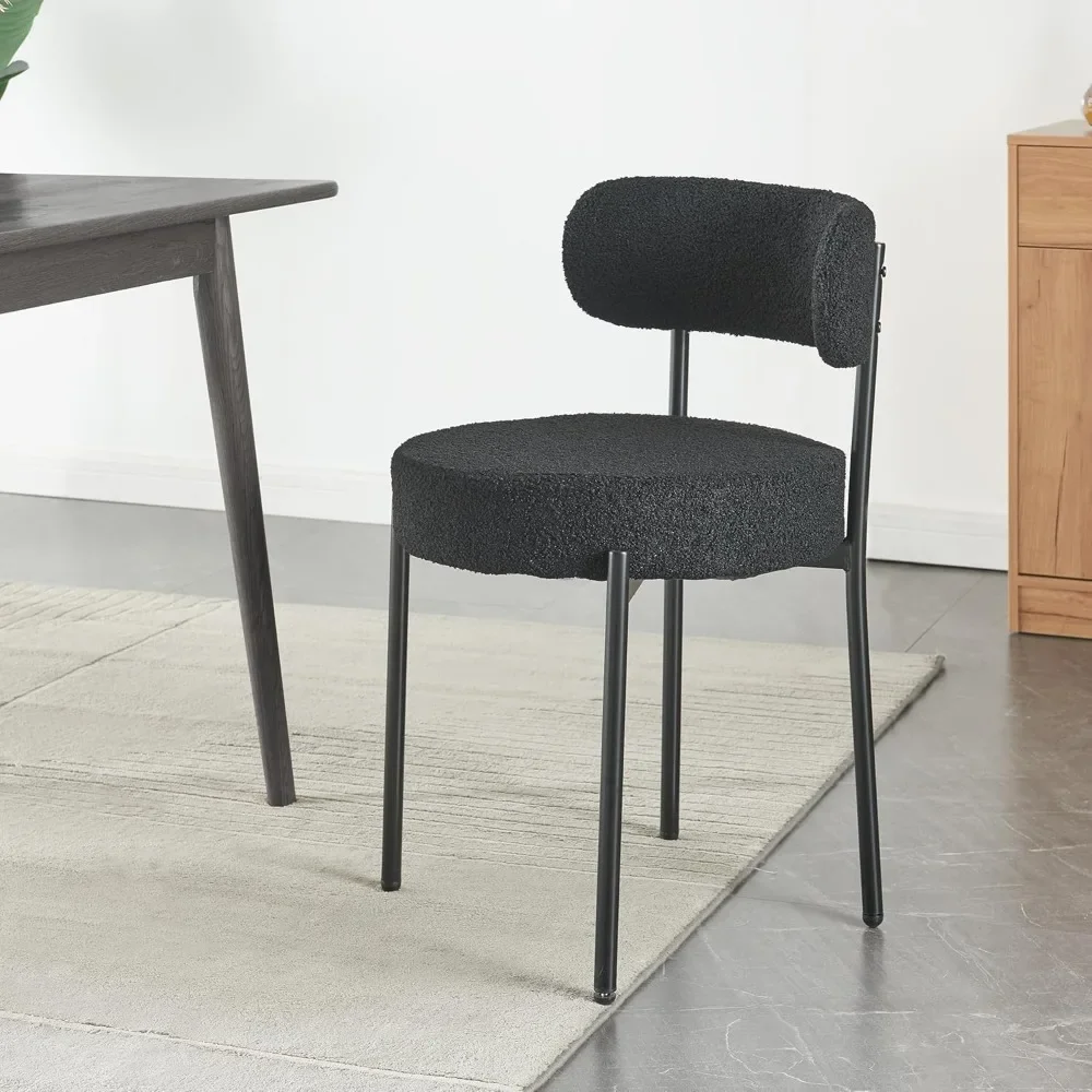Modern Dining Room Chairs, Mid-Century Round Upholstered Boucle Kitchen Dining Chairs with Black Metal Legs 6
